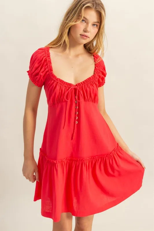 HYFVE Ruched Frill Tiered Short Sleeve Mini Dress