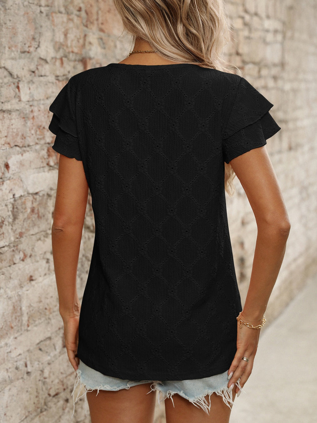 Eyelet Round Neck Double Layered Ruffled Short Sleeve Top