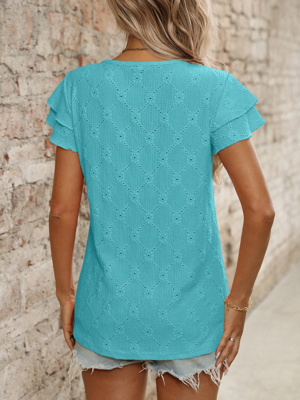 Eyelet Round Neck Double Layered Ruffled Short Sleeve Top