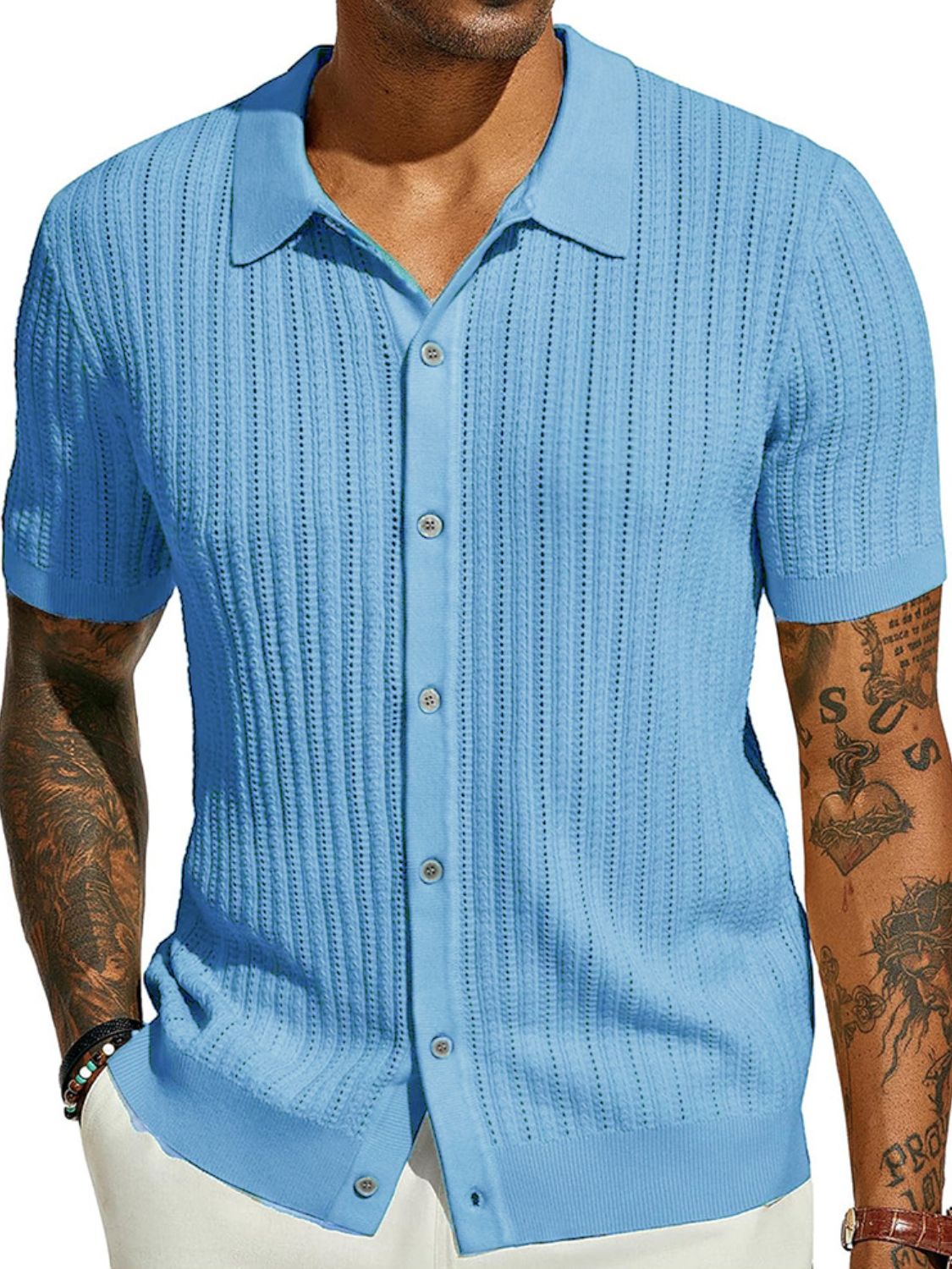 Men's Full Size Openwork Button Down Collared Neck Shirt Plus Size