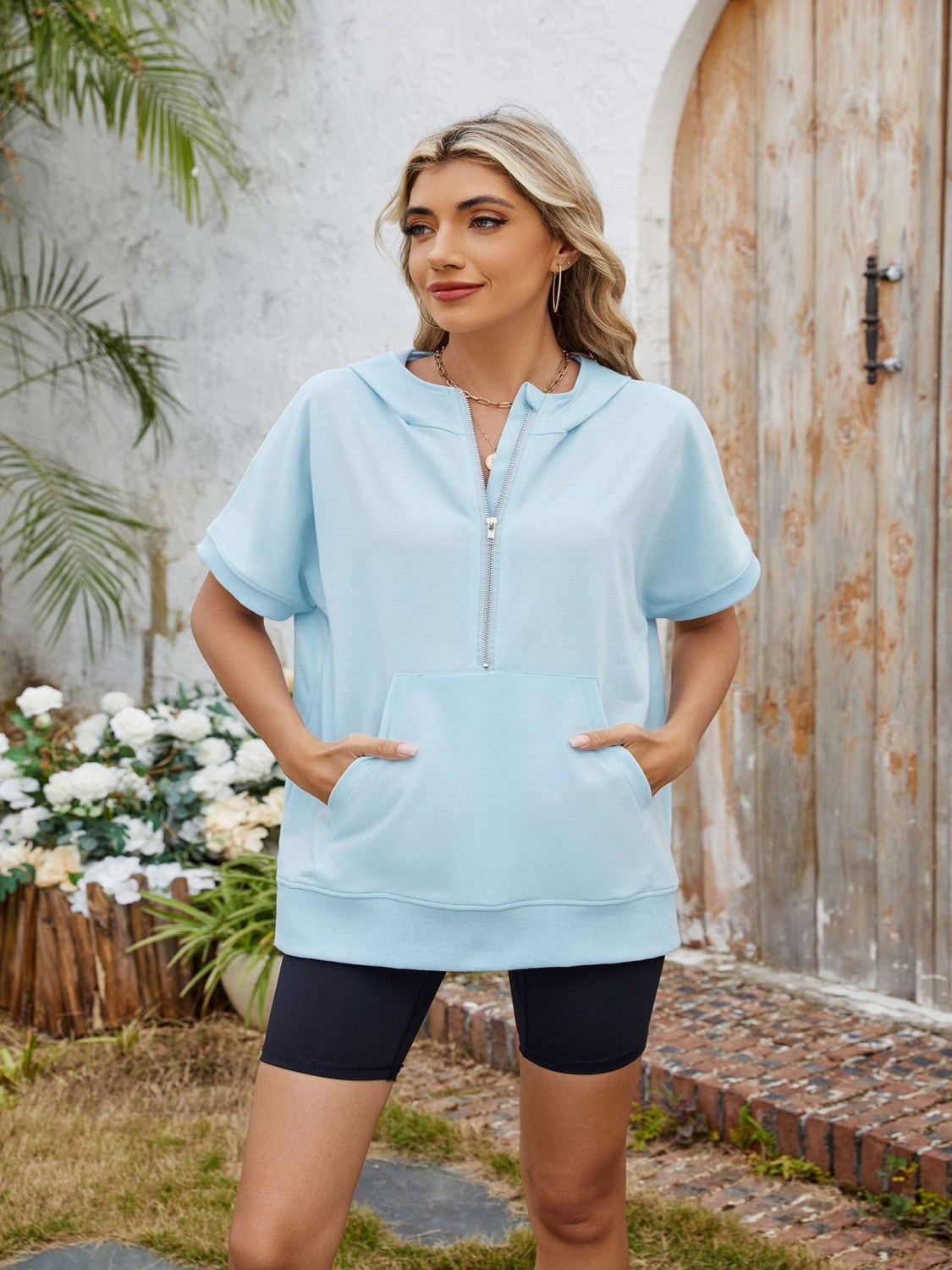 Half Zip Short Sleeve Hooded Top