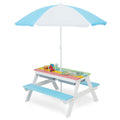 3-in-1 Kids Outdoor Picnic Water Sand Table with Umbrella Play Boxes-Blue