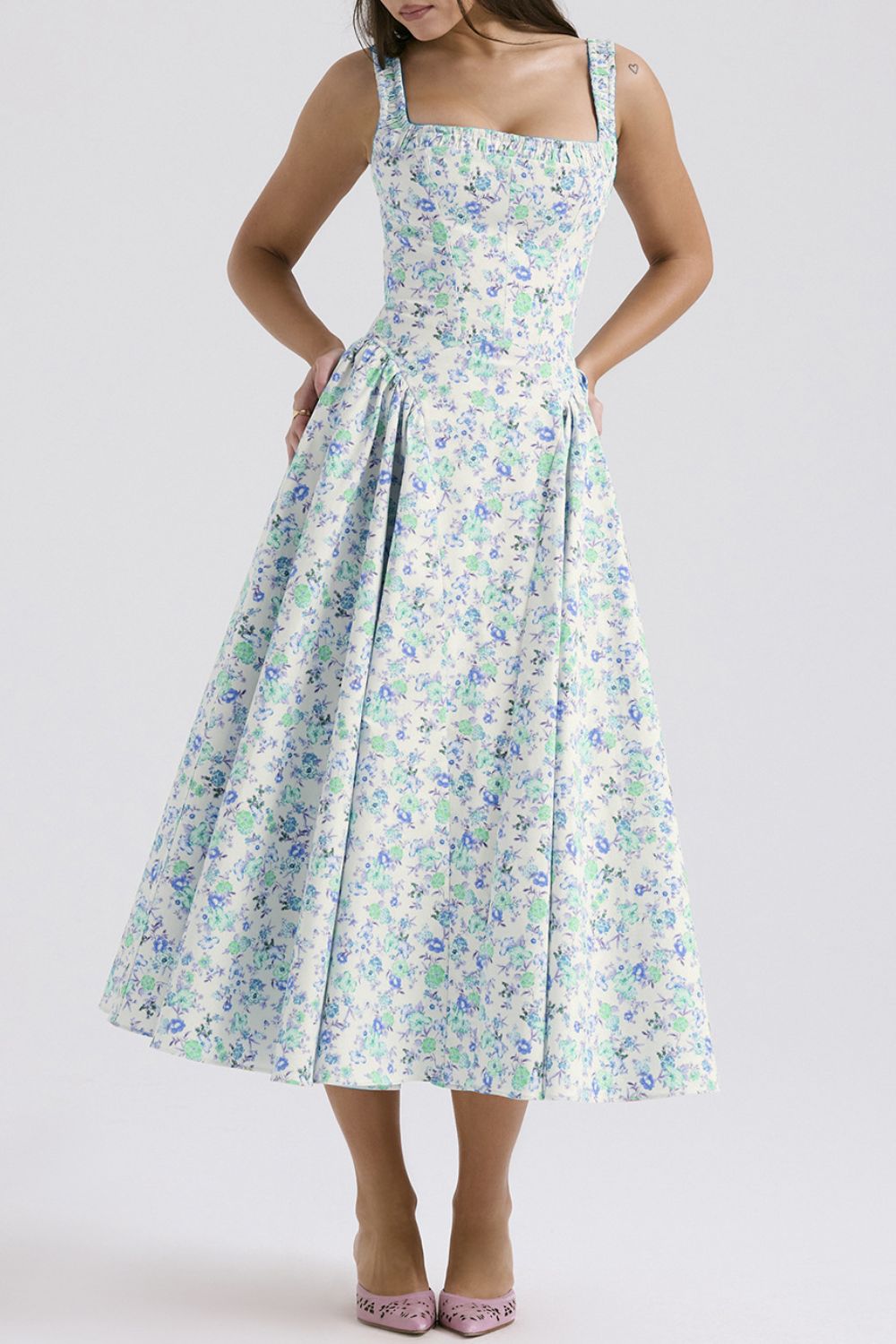 Floral Square Neck Wide Strap Midi Dress