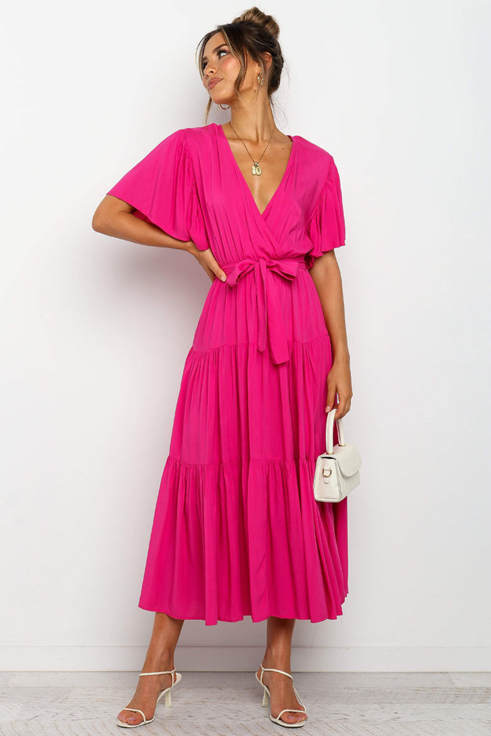 Tied Tiered Short Sleeve Midi Dress