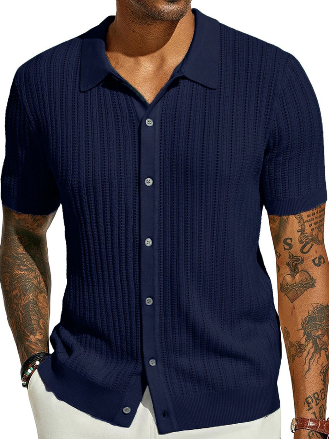 Men's Full Size Openwork Button Down Collared Neck Shirt Plus Size