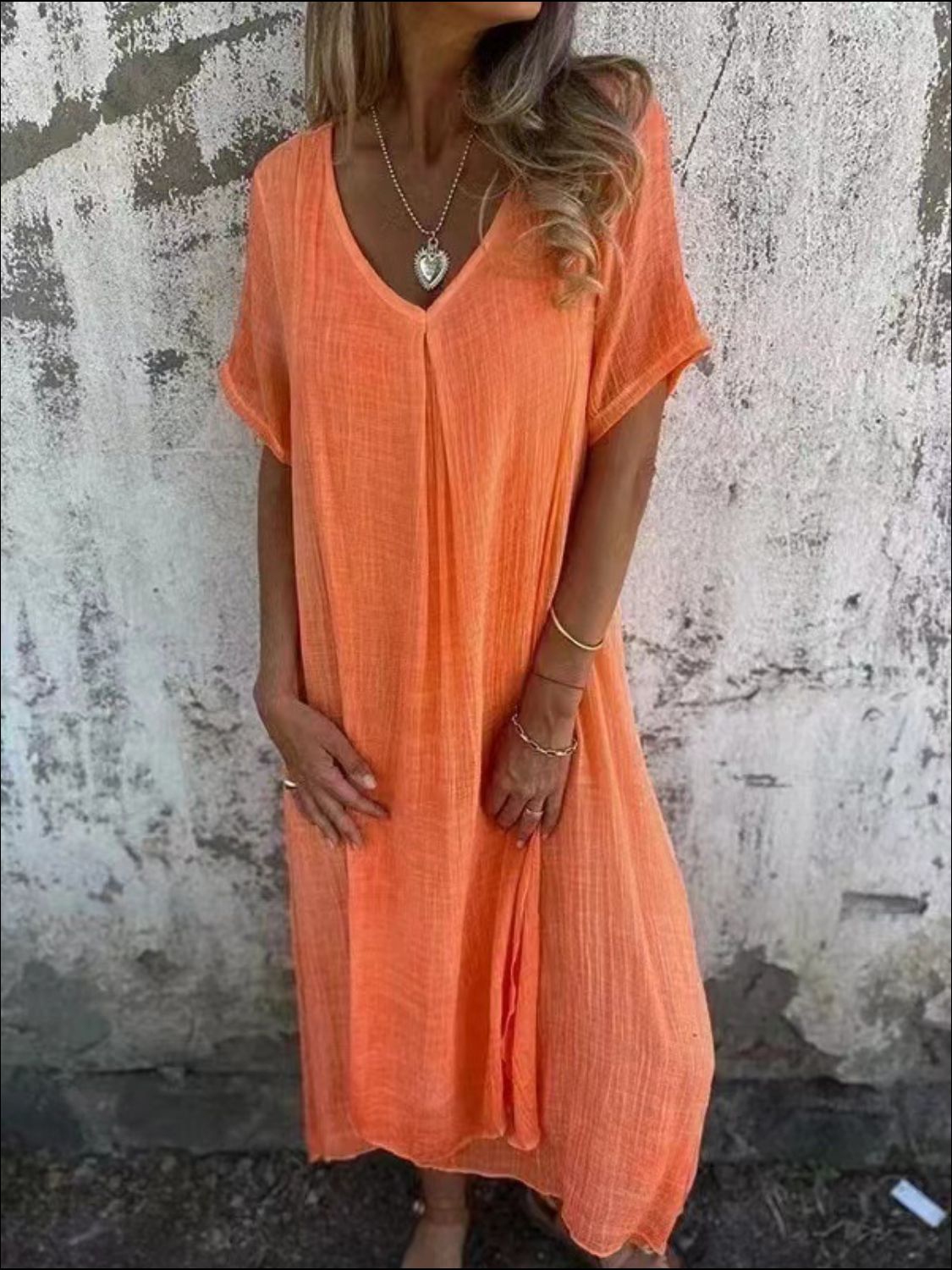 Full Size V-Neck Short Sleeve Midi Dress Plus Size