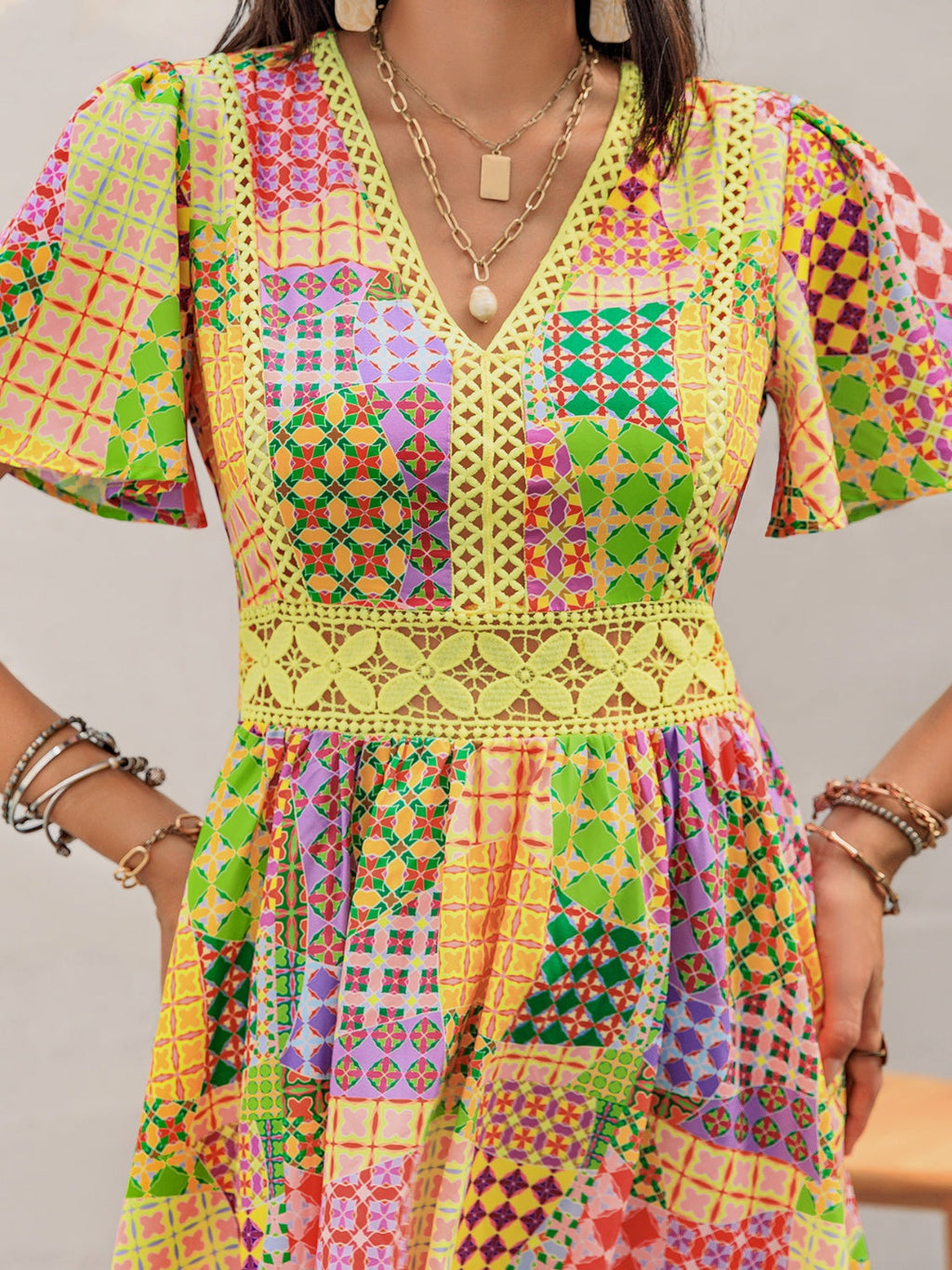 Crochet Trim Printed V-Neck Short Sleeve Mini Dress