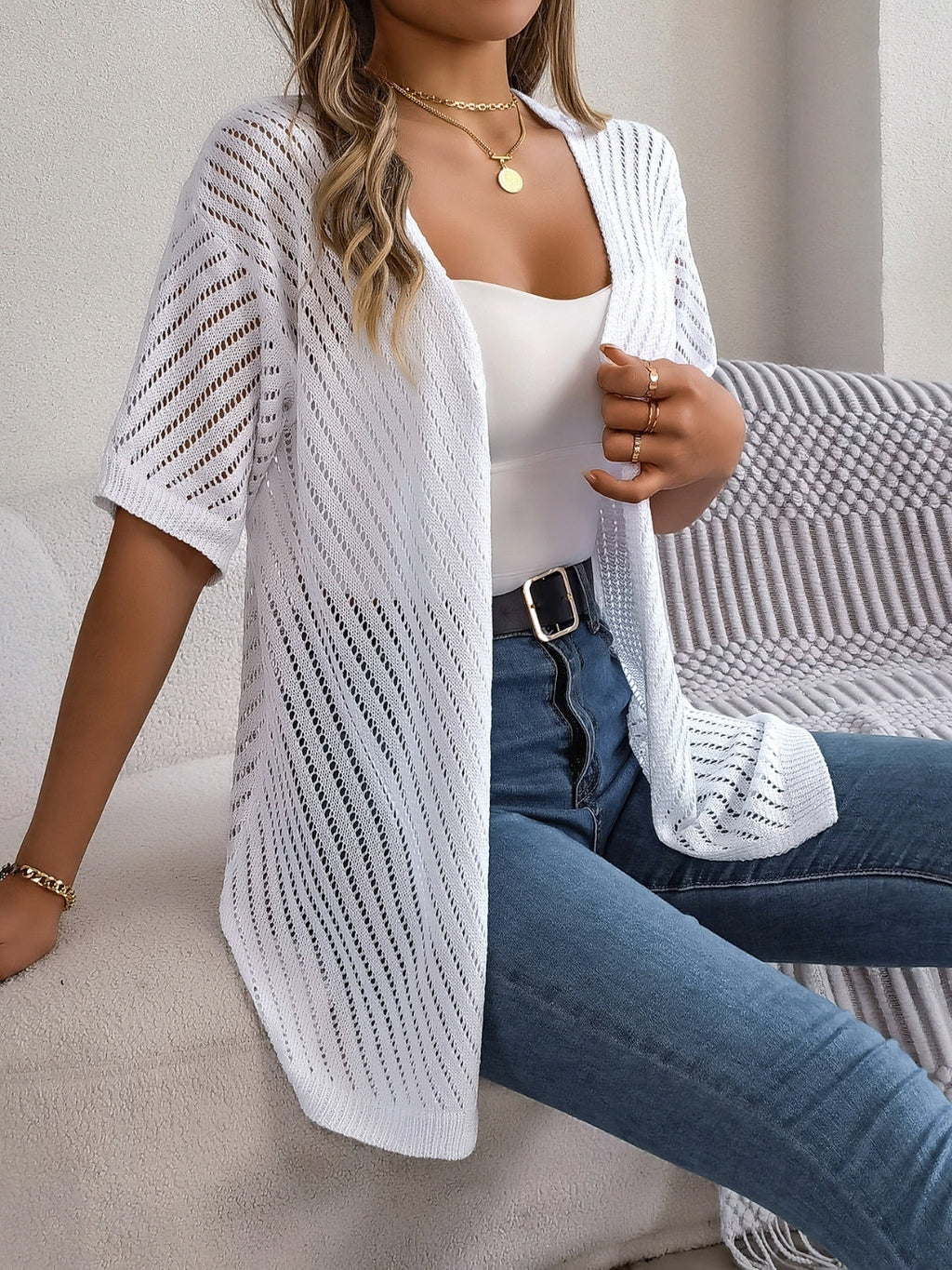 Openwork Open Front Half Sleeve Cardigan
