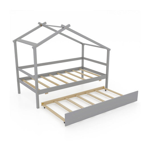 Kids Twin Size House Bed with Trundle and Roof-Gray