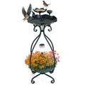 Solar Outdoor Bird Bath Feeder Combo with Flower Planter Pedestal and Solar Lights-Bronze