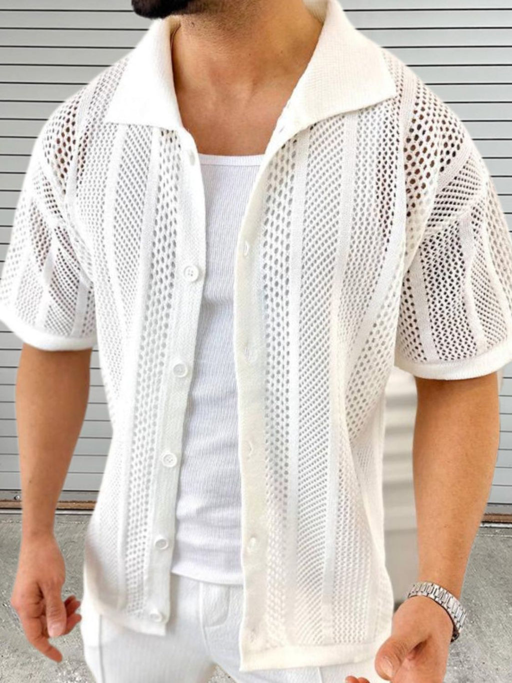 Men's Button Down Collared Neck Hollow Out Shirt