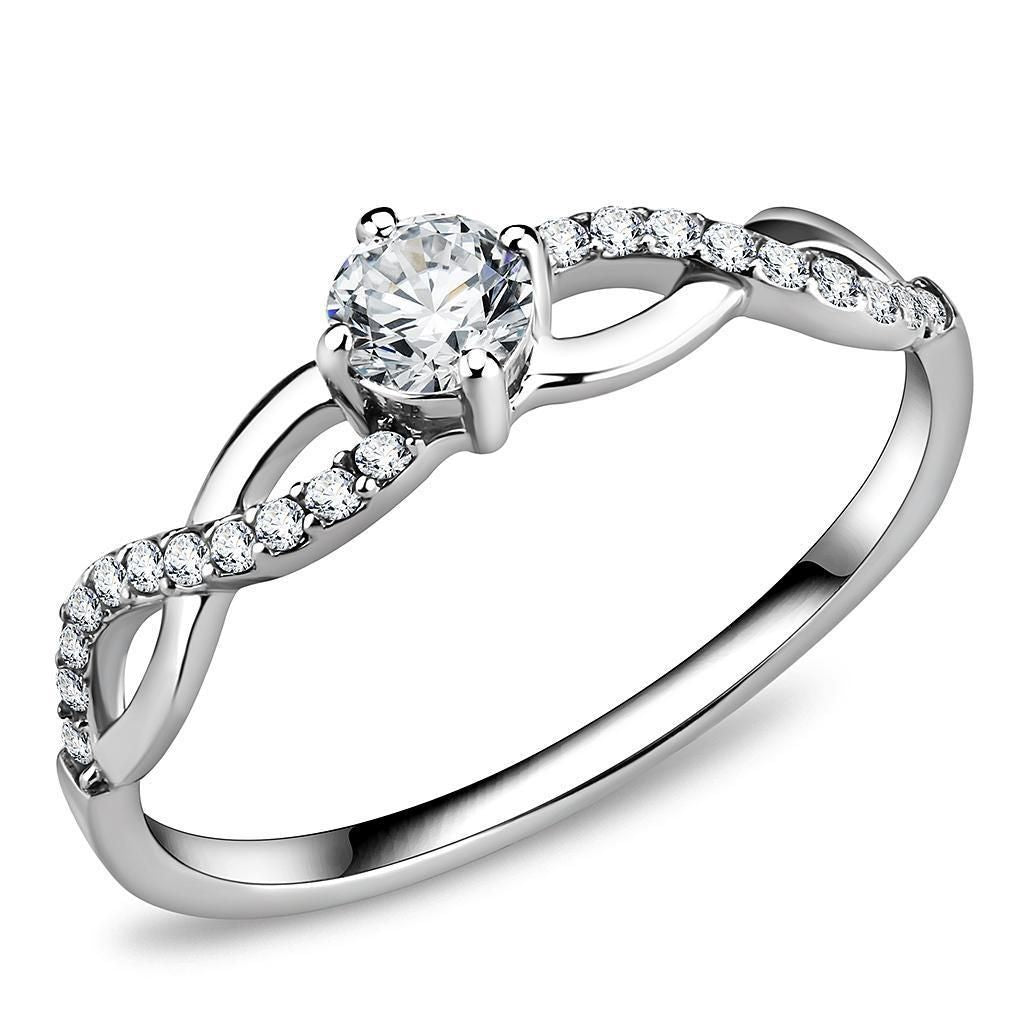 DA104 - High polished (no plating) Stainless Steel Ring with AAA Grade CZ in Clear