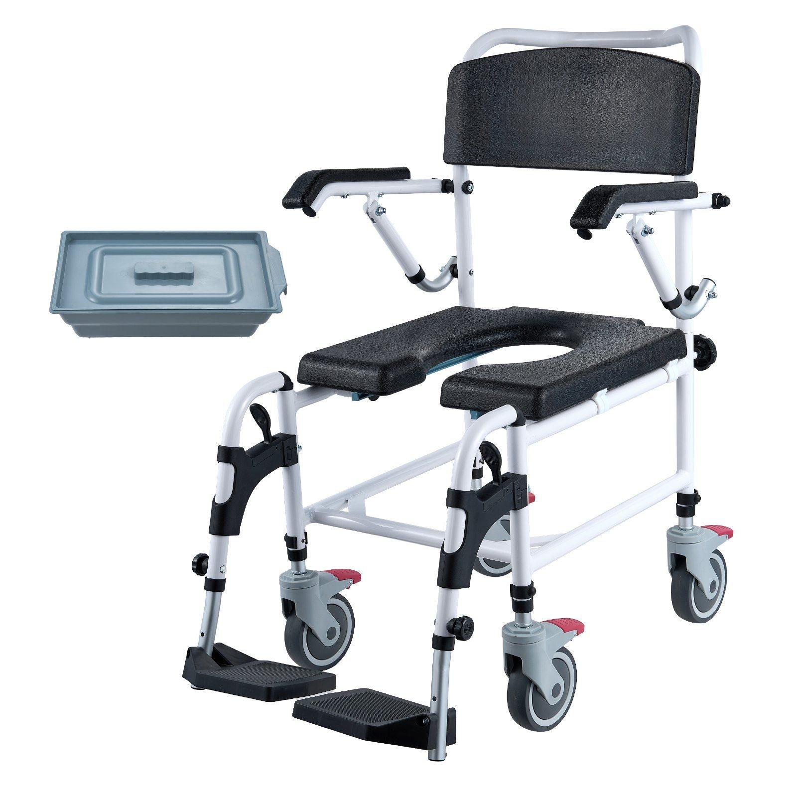 Shower Commode Wheelchair with 4 Lockable Wheels, Footrests, Flip-up Arms, 3-Level Adjustable Height, 5L Removable Bucket, 350 LBS Capacity, Commode Chair for Adults Seniors