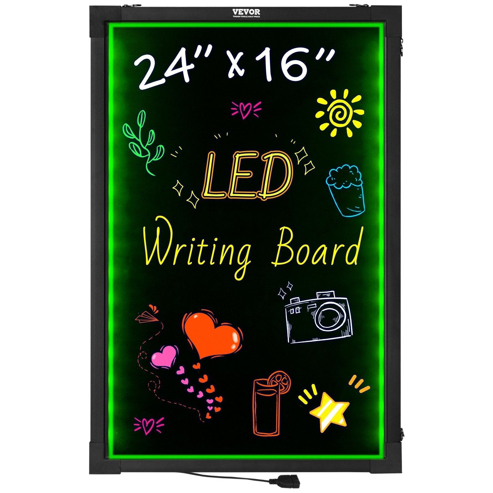 LED Message Writing Board, 24"x16" Illuminated Erasable Lighted Chalkboard, Neon Effect Menu Sign Board, Drawing Board with 8 Fluorescent Chalk Markers and Remote Tested to UL Standards