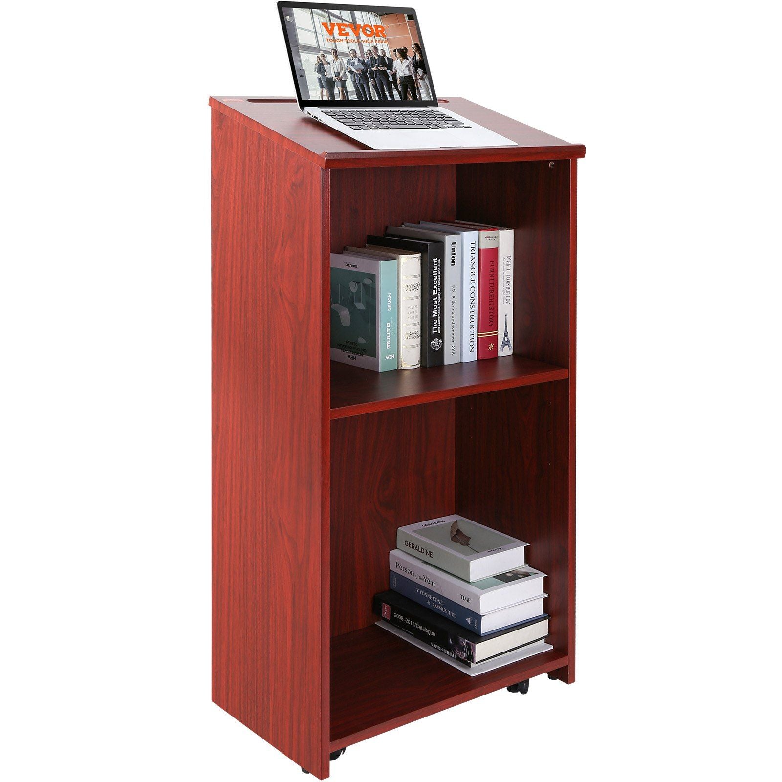 Podium Stand, 47 inch Hostess Stand with 4 Rolling Wheels, Wood Podium with Storage Shelves and Slant Desktop, Lecterns & Podiums for Home, Office, School, Church, Brown