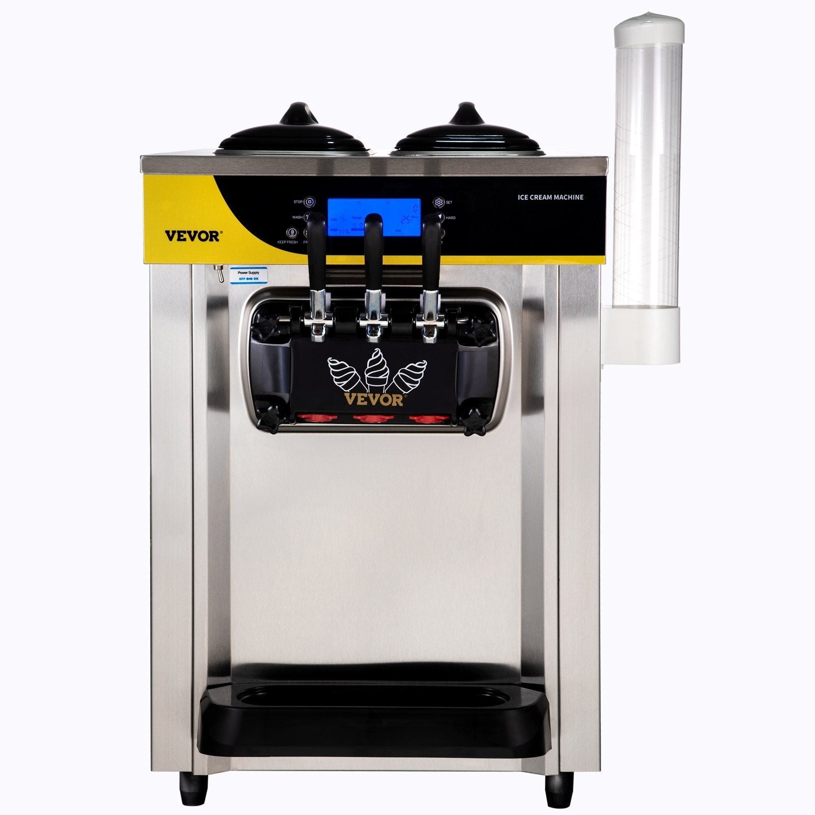 Commercial Ice Cream Maker, 22-30L/H Yield, 2200W Countertop Soft Serve Machine w/ 2x6L Hopper 2L Cylinder LCD Panel Puffing Shortage Alarm, Frozen Yogurt Maker for Restaurant Snack Bar, Silver