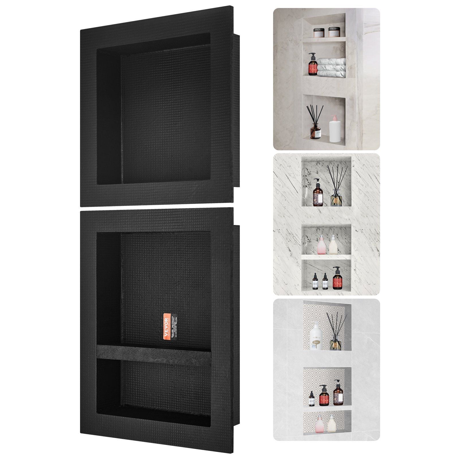 Shower Niche Ready for Tile 16" x 16" & 16" x 20", Triple Shelf Organizer, Square Corners Wall-inserted Niche Recessed, Sealed Protection Modern Soap Storage Niche for Shower Bathroom, Black