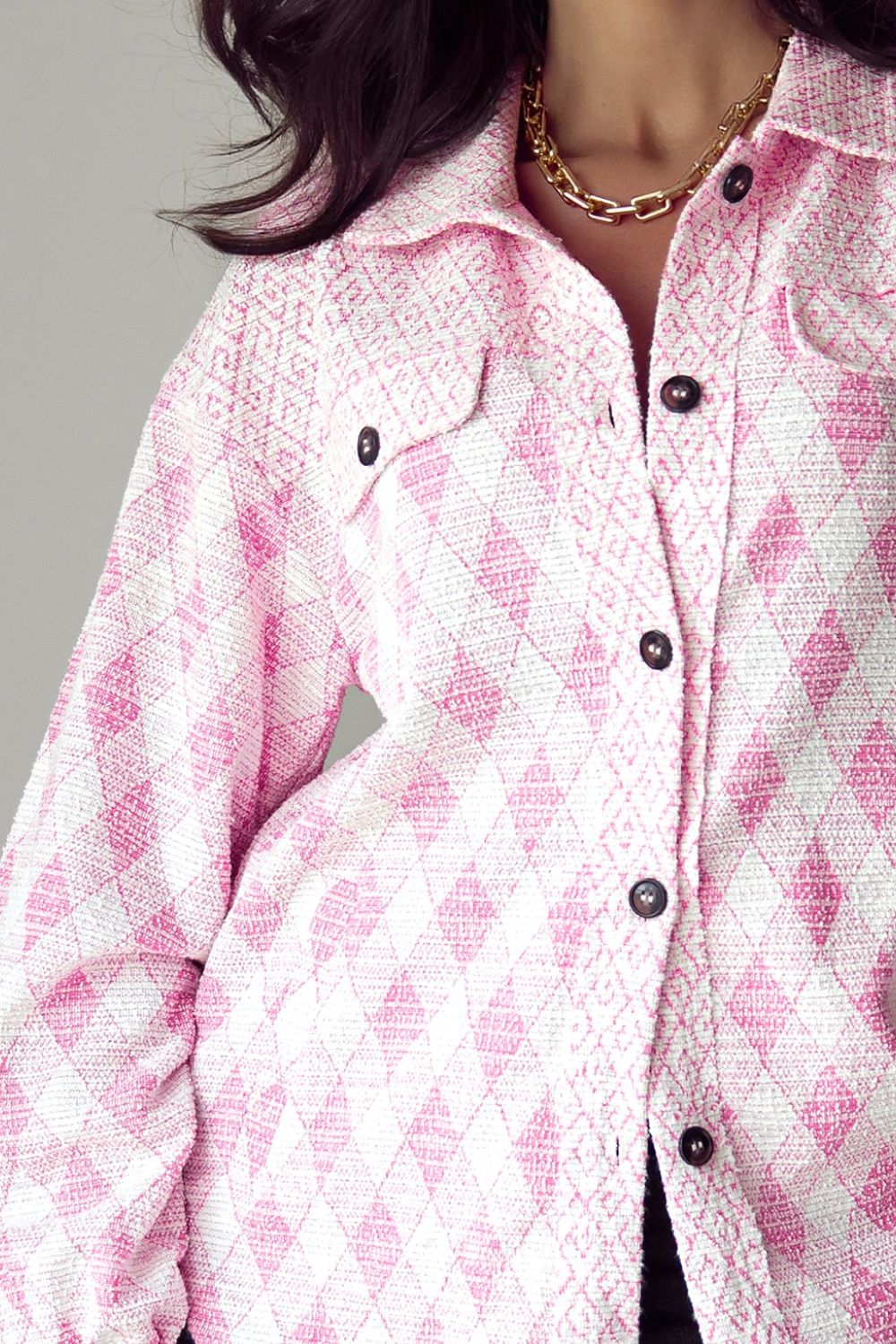 Geometric Print Textured Flap Pocket Shacket