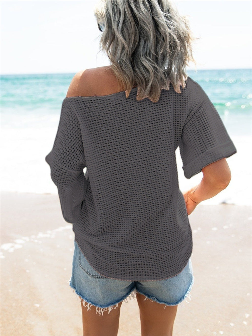 Waffle Knit Boat Neck Half Sleeve T-Shirt