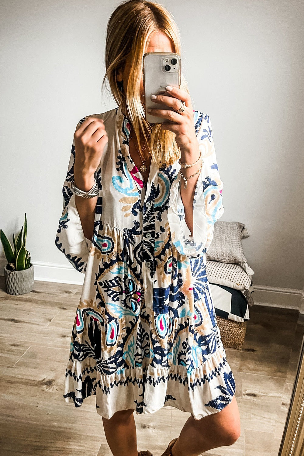 Printed Notched Three-Quarter Sleeve Mini Dress