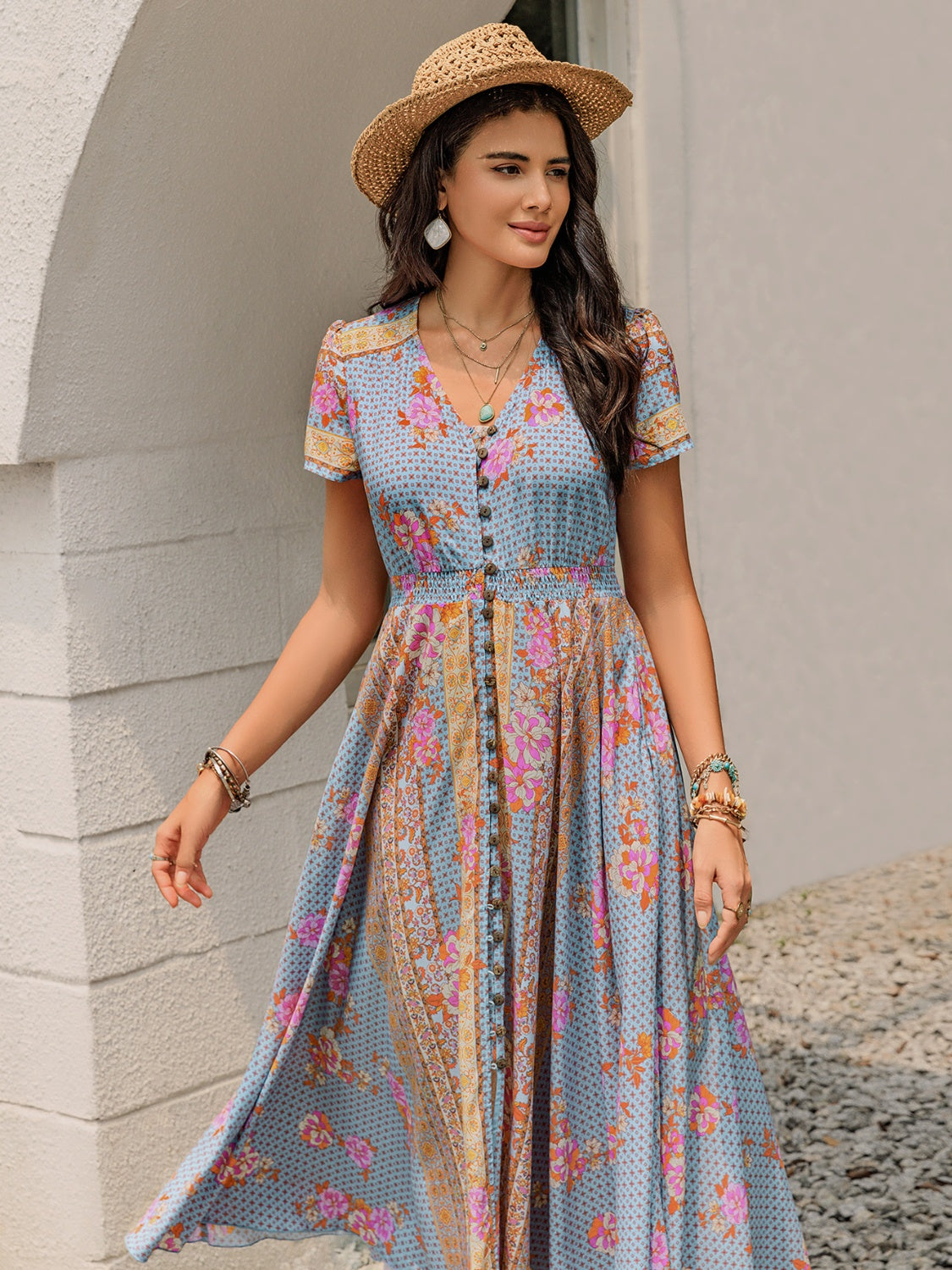 Smocked Floral V-Neck Short Sleeve Midi Dress